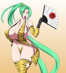 Rule 34 | 1girl, alternate color, animal print, black gloves, breasts, chinese zodiac, cleavage, fatal fury, female focus, gloves, green hair, hand fan, highleg, highleg panties, holding, holding fan, huge breasts, long hair, looking at viewer, ml, ninja, nipple slip, nipples, one eye closed, open mouth, panties, ponytail, print legwear, revealing clothes, shiranui mai, smile, snk, standing, the king of fighters, thighhighs, tiger print, underwear, very long hair, wink, year of the tiger