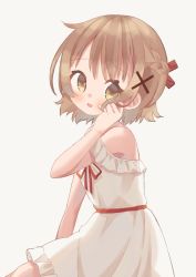 Rule 34 | 1girl, artist request, blush, brown hair, dress, hair ornament, hidamari sketch, highres, looking at viewer, medium hair, open mouth, simple background, smile, solo, white background, white dress, yuno (hidamari sketch)
