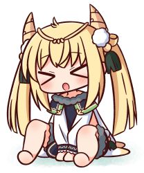 Rule 34 | &gt; &lt;, 1girl, :o, barefoot, between legs, blonde hair, blush, character request, chibi, closed eyes, facing viewer, full body, fur trim, hana kazari, hand between legs, highres, horns, knees up, long hair, merc storia, open mouth, shirt, sitting, solo, twintails, v-shaped eyebrows, very long hair, white background, white shirt