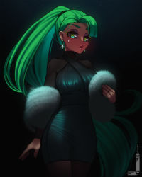 Rule 34 | 1girl, arm at side, bare shoulders, blue background, bodystocking, closed mouth, criss-cross halter, dark background, dress, earrings, green dress, green eyes, green hair, halter dress, halterneck, hand up, highres, jewelry, loen, long hair, looking at viewer, necklace, original, pelt, ponytail, puckered lips, short dress, solo, standing, sweatdrop, tight dress, twitter username, very long hair, x x