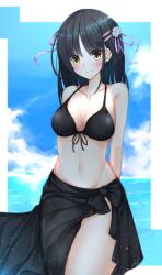 Rule 34 | 1girl, absurdres, arms behind back, bare shoulders, bikini, black bikini, blue sky, blush, bra, breasts, breasts apart, cafe stella to shinigami no chou, closed mouth, cloud, collarbone, commentary, curvy, eyelashes, flower, groin, hair flower, hair ornament, hair ribbon, hairclip, head tilt, highres, lace, lace-trimmed bra, lace trim, long hair, looking at viewer, medium breasts, midriff, mole, mole under eye, navel, nodoameyatou, ocean, outdoors, parted bangs, purple ribbon, ribbon, rose, shiki natsume, sidelocks, sky, smile, solo, standing, stomach, straight hair, swimsuit, thighs, underwear, white flower, white rose, yellow eyes