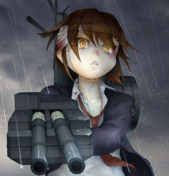 Rule 34 | 10s, 1girl, aiming, aiming at viewer, bandages, brown eyes, brown hair, cloud, cloudy sky, gradient background, highres, kantai collection, kouba nobu, looking at viewer, machinery, rain, school uniform, short hair, sky, solo, storm, tears, turret, wakaba (kancolle), wind