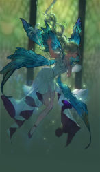 Rule 34 | 1girl, artist name, blue dress, blue wings, blurry, butterfly wings, closed eyes, collarbone, commentary, dress, final fantasy, final fantasy xiv, floating, floating hair, flower, full body, green hair, hair flower, hair ornament, hand on own chest, highres, insect wings, jewelry, light particles, long dress, long hair, necklace, pointy ears, shoes, solo, swd3e2, wings