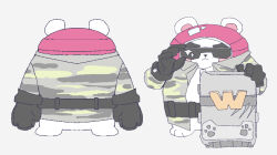 Rule 34 | 1other, adjusting eyewear, animal, arknights, artist request, bear, black gloves, camouflage, camouflage jacket, character request, clothed animal, ears through headwear, gloves, grey background, hand up, helmet, jacket, long sleeves, looking at viewer, multiple views, muse dash, open clothes, open jacket, pink headwear, polar bear, riot shield, shield, shirt, simple background, sunglasses, white shirt