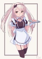 Rule 34 | 1girl, absurdres, alternate costume, amatsukaze (kancolle), apron, bespectacled, brown dress, brown eyes, cake, cake slice, commentary request, cowboy shot, cropped legs, dress, enmaided, food, fork, frilled apron, frills, garter straps, glasses, gloves, highres, kantai collection, long hair, looking at viewer, maid, silver hair, solo, strawberry shortcake, tray, two side up, uut, waist apron, waitress, white apron, white background, white gloves