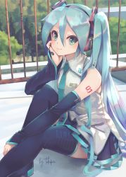 Rule 34 | 1girl, aqua eyes, aqua hair, aqua necktie, bare shoulders, belt, black skirt, black thighhighs, blush, cheek rest, commentary, day, detached sleeves, feet out of frame, gate, hair ornament, hand on own cheek, hand on own face, hatsune miku, head rest, headphones, headset, highres, iron bars, knee up, long hair, looking at viewer, microphone, necktie, outdoors, rust, shirt, shoulder tattoo, sitting, skirt, sleeveless, sleeveless shirt, smile, solo, takepon1123, tattoo, thighhighs, twintails, very long hair, vocaloid, zettai ryouiki