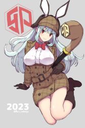Rule 34 | 1girl, 2023, absurdres, animal ears, black gloves, boots, boris (noborhys), breasts, brown coat, closed mouth, coat, commentary request, duffel coat, full body, gloves, grey hair, hat, highres, long hair, looking at viewer, medium breasts, original, rabbit ears, red eyes, simple background, smile, solo, thighs, twitter username, white background