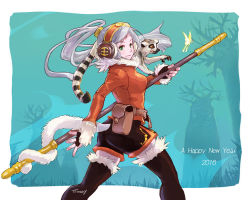 Rule 34 | 10s, 1girl, 2016, bug, butterfly, fantasy, furry, furry female, happy new year, bug, monkey tail, new year, original, solo, staff, tail, ttmary, weapon