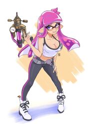 Rule 34 | 1girl, black leggings, blue eyes, boots, breasts, cleavage, commentary, crop top, english commentary, eyelashes, glasses, gun, highres, holding, holding gun, holding weapon, inkling, inkling girl, inkling player character, large breasts, leggings, long hair, medium breasts, nintendo, pink hair, pointy ears, seatha, smile, solo, splash-o-matic (splatoon), splatoon (series), teeth, weapon, white background, white footwear