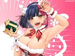 Rule 34 | 1girl, animal ears, armpits, artist name, bare shoulders, blue hair, blunt bangs, bow, breasts, cat ears, claw pose, commentary, commission, dress, ear piercing, english commentary, fake animal ears, gift, heart, holding, holding gift, large breasts, looking at viewer, multicolored hair, open mouth, original, piercing, pink hair, red bow, red dress, red nails, santa costume, second-party source, short hair, solo, upper body, watermark, wrist cuffs, yashacchi, yellow eyes