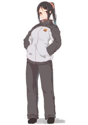 Rule 34 | 1girl, black footwear, black hair, black pants, blue hair, blush, brown eyes, brown scrunchie, full body, gradient hair, hair ornament, hair scrunchie, hairclip, hands in pockets, high ponytail, inniyik, jacket, long hair, mouth hold, multicolored hair, original, pants, parted bangs, ponytail, scrunchie, shadow, shoes, sidelocks, solo, standing, white background, white jacket