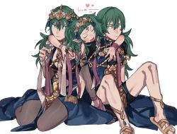 Rule 34 | 1boy, 2girls, braid, byleth (female) (fire emblem), byleth (fire emblem), byleth (male) (fire emblem), closed eyes, closed mouth, cosplay, dress, fire emblem, fire emblem: three houses, green eyes, green hair, hair ornament, knees up, long hair, medium hair, multiple girls, nintendo, no goal death, open mouth, pantyhose, pointy ears, short hair, simple background, single braid, sitting, sothis (fire emblem), sothis (fire emblem) (cosplay), tiara, twin braids, white background