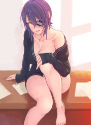 Rule 34 | 10s, 1girl, arm support, bare legs, bare shoulders, barefoot, black shirt, blush, breasts, chromatic aberration, cleavage, collarbone, desk, eyepatch, female focus, hair between eyes, hand on own knee, highres, indoors, kantai collection, large breasts, long sleeves, looking at viewer, naked shirt, no headwear, no legwear, no pants, no shoes, off shoulder, on desk, open clothes, open shirt, paper, parted lips, pink lips, purple hair, room, shade, shirt, short hair, sitting, on desk, smile, solo, sunlight, tenryuu (kancolle), thighs, yellow eyes, yuuji (and)