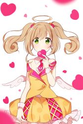 Rule 34 | 10s, 1girl, ahoge, angel wings, bare shoulders, biting, blonde hair, blush, breasts, cleavage, detached collar, frills, green eyes, hair ornament, hand to own mouth, heart, highres, holding, holding heart, idolmaster, idolmaster cinderella girls, light brown hair, long hair, looking at viewer, minamiya mia, mouth hold, necktie, off shoulder, pom pom (clothes), sato shin, simple background, skirt, solo, strap slip, twintails, wings, wrist cuffs