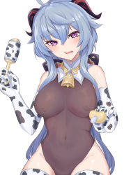 Rule 34 | 1girl, 72 (mmmmkk), animal print, bare shoulders, bell, blue hair, blush, breasts, covered erect nipples, covered navel, cow print, crossed bangs, elbow gloves, ganyu (genshin impact), genshin impact, gloves, goat horns, highleg, highleg leotard, highres, holding, holding pacifier, horns, large breasts, leotard, long hair, looking at viewer, pacifier, parted lips, purple eyes, simple background, sleeveless, solo, thighhighs, white background