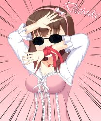 Rule 34 | 1girl, :d, arm ribbon, arm up, blue eyes, blush, breasts, brown hair, camisole, center frills, cleavage, emphasis lines, fingernails, frills, hand up, highres, idolmaster, idolmaster cinderella girls, long hair, long sleeves, looking at viewer, medium breasts, open mouth, pink background, pink camisole, puffy long sleeves, puffy sleeves, red ribbon, ribbon, romaji text, sakuma mayu, shirt, smile, solo, sunglasses, upper body, urarara (shlsz 22728), white shirt