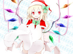 Rule 34 | 1girl, bad id, bad pixiv id, bell, blonde hair, bow, capelet, embodiment of scarlet devil, fang, feet, female focus, flandre scarlet, foot focus, hair bow, hat, highres, looking at viewer, oouso, open mouth, plaid, plaid background, pov, red eyes, santa costume, santa hat, short hair, sitting, sock dangle, sock pull, solo, thighhighs, touhou, white thighhighs, wings