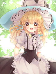 Rule 34 | 1girl, :d, absurdres, apron, backlighting, black hat, black skirt, blush, braid, commentary request, cowboy shot, day, gloves, hair ribbon, hat, hat ribbon, highres, kirisame marisa, looking at viewer, mimi89819132, open mouth, outdoors, puffy short sleeves, puffy sleeves, ribbon, shirt, short sleeves, single braid, skirt, smile, solo, standing, touhou, tress ribbon, underbust, waist apron, white gloves, white shirt, witch hat, yellow eyes