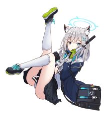 Rule 34 | 1girl, animal ear fluff, animal ears, assault rifle, bag, black footwear, blue archive, blue eyes, cat ears, clov3r, gloves, grey hair, gun, hair ornament, hairclip, halo, highres, holding, holding gun, holding weapon, long hair, long sleeves, looking at viewer, open mouth, panties, rifle, scarf, school uniform, shiroko (blue archive), sig sauer 556, simple background, skirt, solo, underwear, weapon, white background, white legwear, white panties