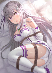 Rule 34 | 1girl, :o, arms behind back, ass, bare shoulders, bdsm, bed sheet, blush, bondage, boots, bound, bound arms, bound legs, braid, breasts, cleavage, cleavage cutout, clothing cutout, crown braid, dress, elf, emilia (re:zero), feet out of frame, flower, hair flower, hair ornament, highres, long hair, looking at viewer, lying, medium breasts, on bed, on side, open mouth, panties, pantyshot, pillow, pointy ears, purple eyes, re:zero kara hajimeru isekai seikatsu, rope, shibari, shibari over clothes, shoulder cutout, silver hair, solo, straight hair, thigh boots, thighhighs, tomaco, underwear, upskirt, very long hair, white dress, white flower, white footwear, white panties