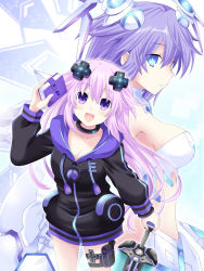 Rule 34 | :d, adult neptune, black choker, blue eyes, blush, book, breasts, choker, choujigen game neptune the animation, cleavage, commentary request, cowboy shot, from side, hand up, highres, holding, holding book, holding sword, holding weapon, holster, hood, hooded jacket, jacket, kagura ittou, long hair, looking at viewer, medium breasts, neptune (series), open mouth, power symbol, power symbol-shaped pupils, purple eyes, purple hair, purple heart (neptunia), smile, sword, symbol-shaped pupils, thigh strap, usb, very long hair, weapon