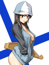 Rule 34 | 1girl, arched back, blue hat, blush, breasts, brown eyes, brown hair, cleavage, closed mouth, finnish flag, flag background, girls und panzer, graphite (medium), hands in pockets, hat, instrument, jacket, kantele, keizoku military uniform, large breasts, looking at viewer, mechanical pencil, mika (girls und panzer), millipen (medium), naked jacket, no bra, no panties, oosaka kanagawa, open clothes, open jacket, pencil, simple background, smile, solo, track jacket, traditional media, zipper