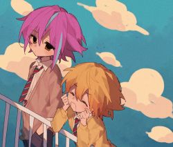 Rule 34 | 2boys, blonde hair, blue hair, blue sky, brown jacket, closed mouth, cloud, collared shirt, dot mouth, expressionless, closed eyes, gelato1014, hair between eyes, hand in pocket, hands on own cheeks, hands on own face, highres, jacket, kamishiro rui, long sleeves, multicolored hair, multiple boys, necktie, open clothes, open jacket, pink hair, project sekai, railing, shirt, short hair, sky, striped necktie, tenma tsukasa, white shirt, yellow eyes, yellow jacket