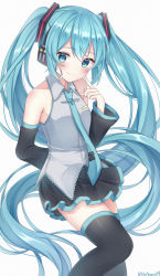 Rule 34 | 1girl, absurdly long hair, absurdres, arm behind back, bare shoulders, black hair, black skirt, black sleeves, black thighhighs, blue eyes, blue necktie, blush, breasts, collared shirt, commentary request, feet out of frame, finger to cheek, hair ornament, hatsune miku, highres, long hair, long sleeves, looking at viewer, necktie, noneon319, pleated skirt, shirt, skirt, smile, solo, standing, thighhighs, twintails, twitter username, very long hair, vocaloid, white background, white shirt, wide sleeves