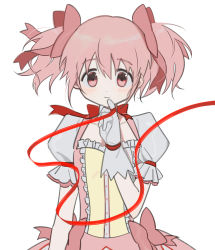 Rule 34 | 1girl, arm at side, buttons, choker, closed mouth, collarbone, dot nose, facing viewer, flat chest, floating hair, frilled sleeves, frills, gloves, hair ribbon, hand up, highres, kaname madoka, light blush, light smile, looking down, mahou shoujo madoka magica, mahou shoujo madoka magica (anime), pink eyes, pink hair, pink ribbon, pinky out, puffy short sleeves, puffy sleeves, red ribbon, ribbon, ribbon choker, short sleeves, simple background, solo, string, string of fate, tareme, twintails, upper body, vo1ez, white background, white gloves