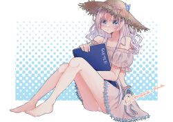 Rule 34 | 1girl, absurdres, amema ama, bare legs, bare shoulders, barefoot, bikini, bikini skirt, blue eyes, character request, copyright request, crop top, full body, grey hair, hat, highres, knees up, long hair, shell hair ornament, sitting, sketchbook, solo, straw hat, swimsuit