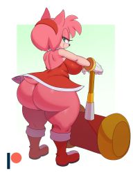 Rule 34 | 1girl, absurdres, amy rose, animal ears, ass, back, boots, bracelet, breasts, curvy, dress, eric lowery, furry, gloves, green eyes, hairband, hammer, hedgehog, highres, huge ass, jewelry, large breasts, looking at viewer, looking back, red dress, seductive smile, simple background, smile, solo, sonic (series), tail, thick thighs, thighs, white gloves, wide hips