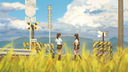 Rule 34 | 2girls, black skirt, black socks, blue sky, brown hair, chinese commentary, cloud, commentary request, day, from behind, grass, guard rail, highres, hua ming wink, long hair, mountain, multiple girls, nature, original, outdoors, ponytail, railroad tracks, road sign, scenery, school uniform, shirt, short sleeves, sign, skirt, sky, socks, utility pole, white shirt