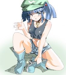 Rule 34 | 1girl, bad id, bad pixiv id, bare shoulders, blue eyes, blue hair, bob cut, boots, breasts, crop top, crop top overhang, crows-bmc, cutoffs, denim, denim shorts, holding, kawashiro nitori, key, large breasts, looking at viewer, matching hair/eyes, midriff, navel, on one knee, short hair, shorts, sitting, solo, tools, touhou, twintails, two side up, wrench