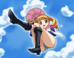 Rule 34 | 00s, boots, brown hair, bug, butterfly, cloud, day, denim, denim shorts, drill hair, flying, from below, hajime (caramel toone), insect, knee boots, looking down, my melody, onegai my melody, sanrio, short shorts, shorts, sky, smile, twintails, umbrella, yumeno uta