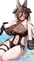 Rule 34 | 1girl, animal ears, asymmetrical hair, bare shoulders, blush, breasts, brown hair, cleavage, closed eyes, galleon (granblue fantasy), granblue fantasy, highres, horns, large breasts, long hair, multicolored hair, navel, partially submerged, pointy ears, solo, streaked hair, thigh strap, thighs, thousa 01, very long hair, wet