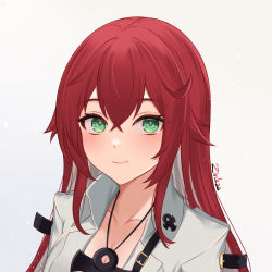 Rule 34 | 1girl, ankh, artist name, blush, closed mouth, collarbone, commentary, green eyes, grey background, guilty gear, guilty gear strive, highres, jack-o&#039; valentine, jewelry, lips, long hair, looking at viewer, necklace, red hair, signature, simple background, smile, upper body, zinkaa