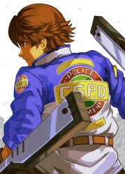 Rule 34 | 1boy, ao no kiseki, black eyes, brown hair, coat, commentary, dual wielding, eiyuu densetsu, english commentary, from behind, highres, holding, holding weapon, lloyd bannings, logo, simple background, solo, starequiems, tonfa, uniform, weapon, white background, zero no kiseki