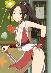 Rule 34 | 1girl, breasts, bridal gauntlets, brown hair, chalkboard, classroom, cosplay, extra, fatal fury, folding fan, green eyes, hand fan, hand on own hip, highres, hip focus, holding, hyouka, japanese clothes, kouchi ayako, long hair, looking at viewer, no bra, pelvic curtain, ponytail, sash, school, shiranui mai, shiranui mai (cosplay), small breasts, smile, snk, solo, standing, the king of fighters, thighs, yougasu