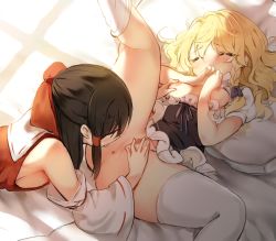 Rule 34 | 2girls, ^ ^, anus, ass, bare shoulders, black eyes, black hair, blush, bow, braid, grabbing another&#039;s breast, breasts, breasts apart, closed eyes, commentary request, decensored, detached sleeves, closed eyes, female focus, grabbing, hair bow, hair tubes, hakurei reimu, indoors, kirisame marisa, kneehighs, leg up, long sleeves, lying, multiple girls, nipples, no bra, no headwear, no headwear, no panties, on back, piyokichi, puffy short sleeves, puffy sleeves, purple bow, pussy, pussy juice, red bow, short sleeves, side braid, sideboob, sidelocks, single braid, sleeveless, small breasts, socks, spread legs, thighhighs, third-party edit, tongue, tongue out, touhou, wavy hair, white legwear, yuri