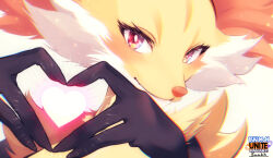 Rule 34 | black fur, character name, close-up, creatures (company), delphox, game freak, gen 6 pokemon, heart, heart hands, logo, looking at viewer, multicolored fur, nintendo, pokemon, pokemon (creature), pokemon unite, red eyes, red fur, simple background, solo, suahh, white background, white fur, yellow fur