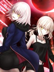 Rule 34 | 2girls, ahoge, artoria pendragon (all), artoria pendragon (fate), ass, belt, black dress, black jacket, black ribbon, black shirt, black shorts, blonde hair, blue jacket, breasts, cleavage, collarbone, cowboy shot, dress, fate/grand order, fate (series), grin, hair ribbon, jacket, jeanne d&#039;arc (fate), jeanne d&#039;arc (ruler) (fate), jeanne d&#039;arc alter (fate), jeanne d&#039;arc alter (ver. shinjuku 1999) (fate), jewelry, long hair, looking at viewer, looking back, medium breasts, multiple girls, necklace, necklce, official alternate costume, open clothes, open jacket, ribbon, saber (fate), saber alter, saber alter (ver. shinjuku 1999) (fate), shinobu1132, shirt, short dress, short hair, short shorts, shorts, silver hair, sleeveless, sleeveless shirt, small breasts, smile, standing, yellow eyes