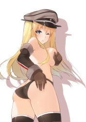 Rule 34 | 10s, 1girl, ass, bad id, bad pixiv id, bismarck (kancolle), black panties, blonde hair, blue eyes, blush, breasts, covering privates, covering breasts, detached sleeves, gloves, hat, hsuliherng, kantai collection, large breasts, long hair, looking at viewer, military hat, one eye closed, panties, peaked cap, silhouette, simple background, solo, thighhighs, topless, underwear, white background