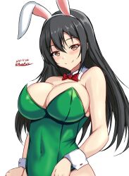 Rule 34 | 1girl, animal ears, bare shoulders, black hair, blush, bow, bowtie, breasts, brown eyes, brown hair, chikuma (kancolle), cleavage, covered navel, dated, detached collar, fake animal ears, green leotard, highres, kantai collection, large breasts, leotard, long hair, looking at viewer, montemasa, playboy bunny, rabbit ears, smile, solo, strapless, strapless leotard, traditional bowtie, twitter username, upper body, wrist cuffs