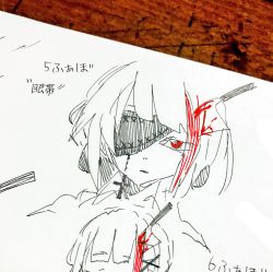 Rule 34 | commentary request, cross, eyepatch, greyscale, hair over one eye, half-closed eyes, highres, knife in head, looking at viewer, monochrome, multicolored hair, object through head, outo eguchi, outo eguchi&#039;s red highlight girl, paper (medium), pen (medium), photo (medium), red eyes, short hair, spot color, streaked hair, translation request