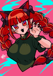 Rule 34 | 1girl, :3, :d, animal ears, black bow, black nails, blunt bangs, bow, braid, breasts, cat ears, claw pose, commentary, cropped torso, dress, extra ears, fangs, green dress, hair bow, hair ribbon, highres, hitodama, kaenbyou rin, large breasts, leaf st, long hair, looking at viewer, nail polish, open mouth, pink background, pointy ears, red eyes, red hair, ribbon, signature, simple background, slit pupils, smile, solo, touhou, tress ribbon, tsurime, twin braids, upper body, v-shaped eyebrows, very long hair