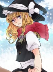 Rule 34 | 1girl, bad id, bad pixiv id, blonde hair, bow, braid, female focus, hair bow, hat, highres, kirisame marisa, long hair, looking at viewer, perfect cherry blossom, purple eyes, red scarf, scarf, side braid, sketch, snowing, sofy, solo, touhou, upper body, witch, witch hat
