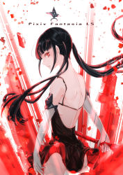 Rule 34 | 1girl, absurdres, ass, backless dress, backless outfit, bad id, bad pixiv id, black dress, black hair, black legwear, copyright name, dress, highres, holding, holding sword, holding weapon, long hair, looking at viewer, looking back, myufrae, parted lips, pixiv fantasia, pixiv fantasia last saga, red eyes, sarasa misa, shoulder blades, standing, sword, twintails, weapon