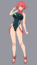 Rule 34 | 1girl, black one-piece swimsuit, breasts, chest jewel, competition swimsuit, covered collarbone, covered navel, f 1chan, gem, headpiece, highres, large breasts, neon trim, one-piece swimsuit, pyra (pro swimmer) (xenoblade), pyra (xenoblade), red eyes, red hair, red one-piece swimsuit, ribbed swimsuit, short hair, solo, strapless, strapless one-piece swimsuit, swept bangs, swimsuit, tiara, two-tone swimsuit, xenoblade chronicles (series), xenoblade chronicles 2