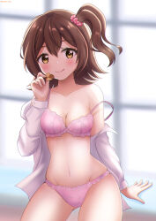 Rule 34 | 1girl, :q, absurdres, bra, breasts, brown eyes, brown hair, cleavage, closed mouth, commentary, cookie, cowboy shot, dress shirt, er dinosaur, food, groin, hair ornament, hair scrunchie, highres, holding, holding food, idolmaster, idolmaster million live!, indoors, kasuga mirai, lace, lace-trimmed panties, lace trim, licking lips, lingerie, looking at viewer, medium breasts, medium hair, navel, no pants, off shoulder, one side up, open clothes, open shirt, panties, pink bra, pink panties, red scrunchie, scrunchie, shirt, skindentation, smile, solo, standing, strap slip, tongue, tongue out, twitter username, underwear, white shirt