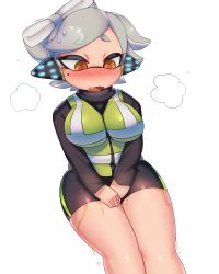 Rule 34 | + +, 1girl, alternate costume, artist name, between legs, bike shorts, black shirt, blush, breasts, breath, crybleat, domino mask, embarrassed, fang, female focus, green vest, grey hair, half-closed eyes, hand between legs, have to pee, headgear, highres, large breasts, legs together, long sleeves, looking down, marie (splatoon), mask, mole, mole under eye, nintendo, nose blush, open mouth, peeing, peeing self, shiny clothes, shiny skin, shirt, short hair, signature, simple background, solo, splatoon (series), splatoon 1, standing, sweat, swept bangs, tentacle hair, tentacles, thick thighs, thighs, vest, wavy mouth, white background, yellow eyes